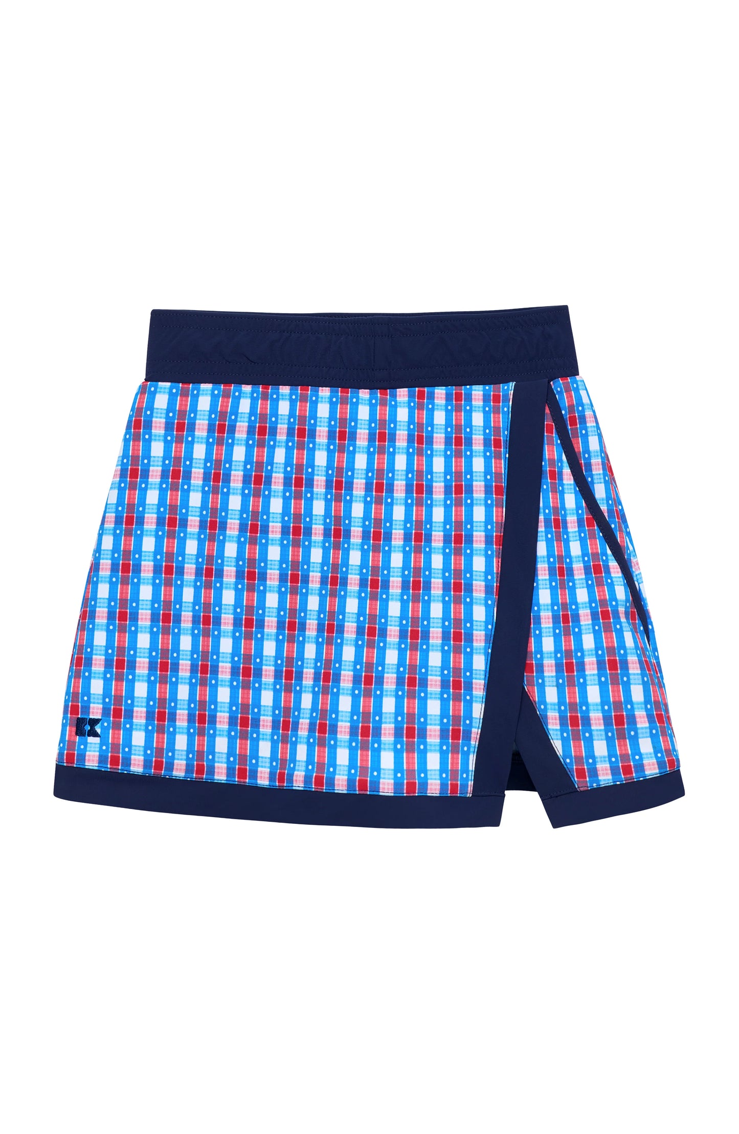 Red, white, and gingham retro power skort for kids by Courtside Kids, with a stylish plaid design and comfortable fit.