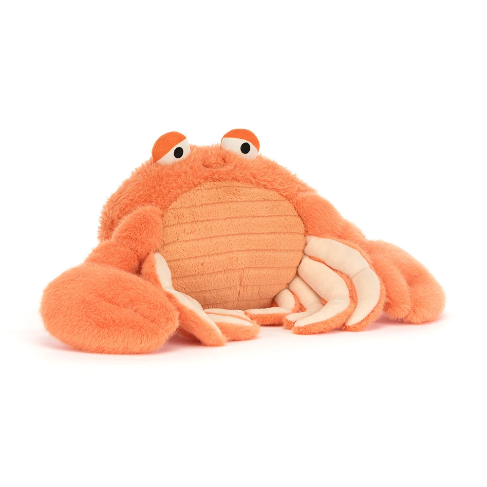 Soft Jellycat Pinchsnap Crab plush toy with bright red body and detailed claws, perfect for cuddling and play.