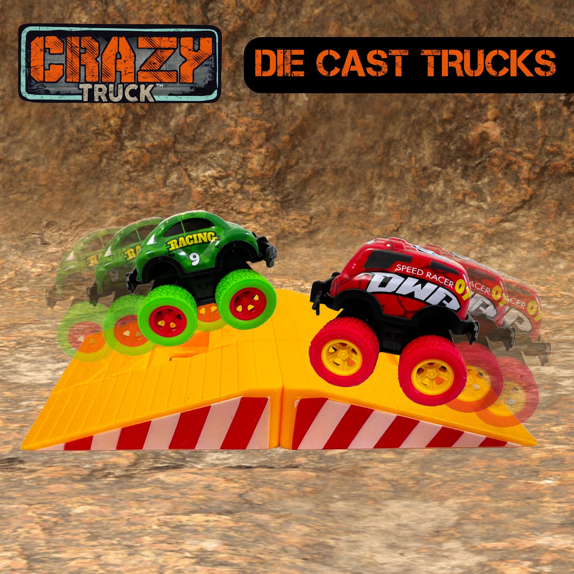 Set of 10 die cast pull-back trucks by Thin Air Brands, colorful toy vehicles with detailed designs for kids' play.