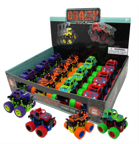 Assorted Crazy Truck Off-Roader toy trucks from Thin Air Brands, featuring colorful off-road vehicle designs on a white background.
