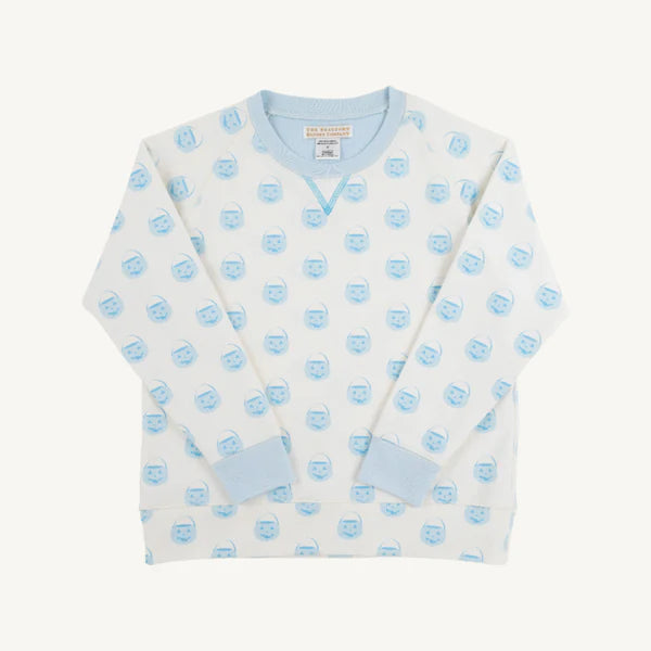 Blue vintage prep pumpkin pail Cassidy crewneck sweater by The Beaufort Bonnet Company, cozy and stylish for fall.