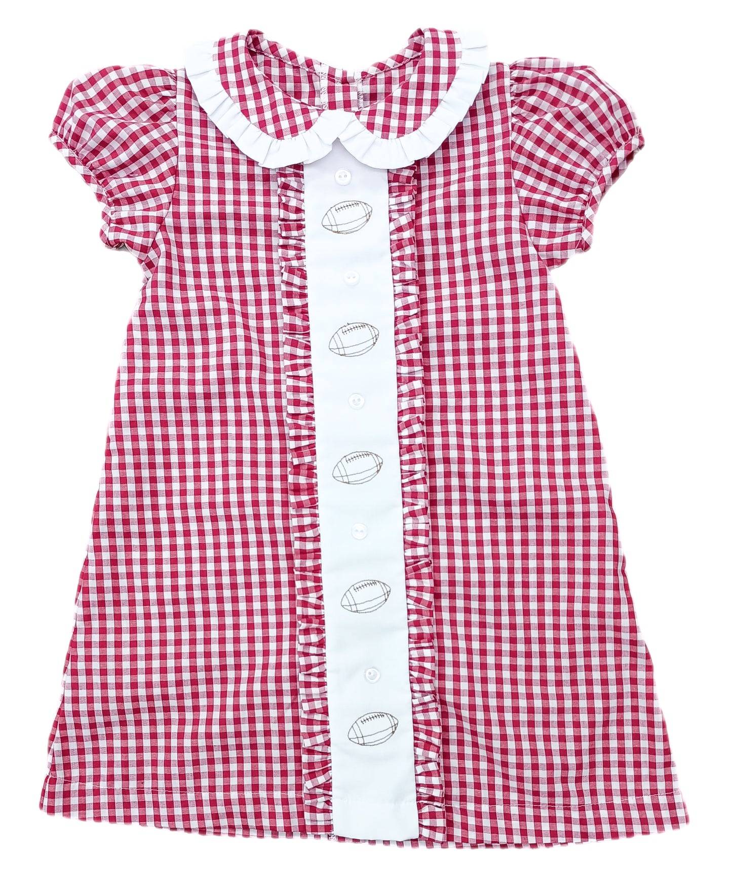 James & Lottie - Game On Red Gingham Clare Dress with Footballs