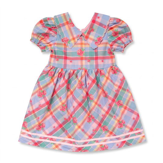 Hollis Baker Conley Dress with rose and floral plaid pattern, featuring a fitted bodice and flowing skirt for a stylish look.