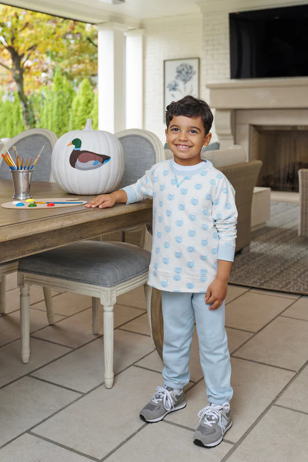 The Beaufort Bonnet Company Buckhead Blue vintage pumpkin pail Cassidy crewneck sweater displayed on a hanger.
