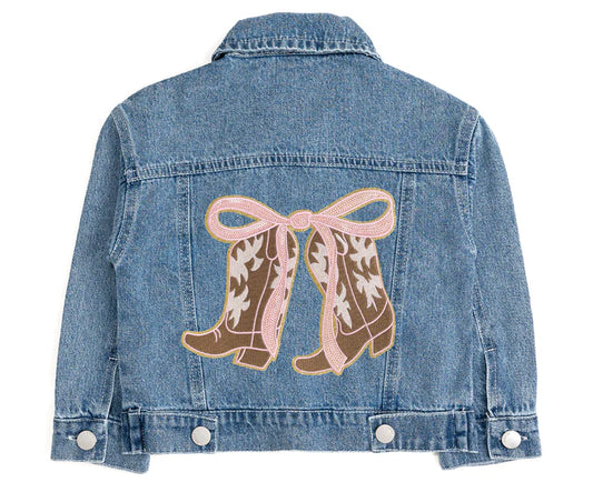 Sweet Wink cowgirl cutie patch Western denim jacket with colorful patches and classic Western style, front view.
