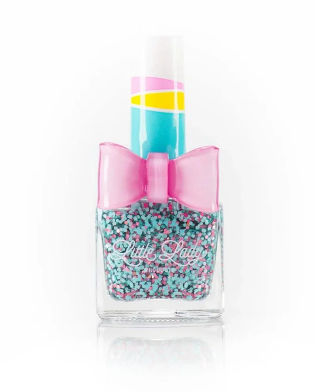 Little Lady kid-safe scented nail polish bottle with colorful DinoSmores design, featuring a playful dinosaur theme.