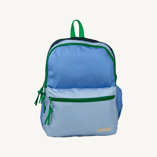 Beale Street Blue backpack by The Beaufort Bonnet Company with Barbados Blue and Kiawah Kelly Green accents, front view.
