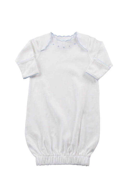 Blue Dotson Sack Gown by The Proper Peony featuring a relaxed fit and blue dot pattern, perfect for casual or elegant occasions.