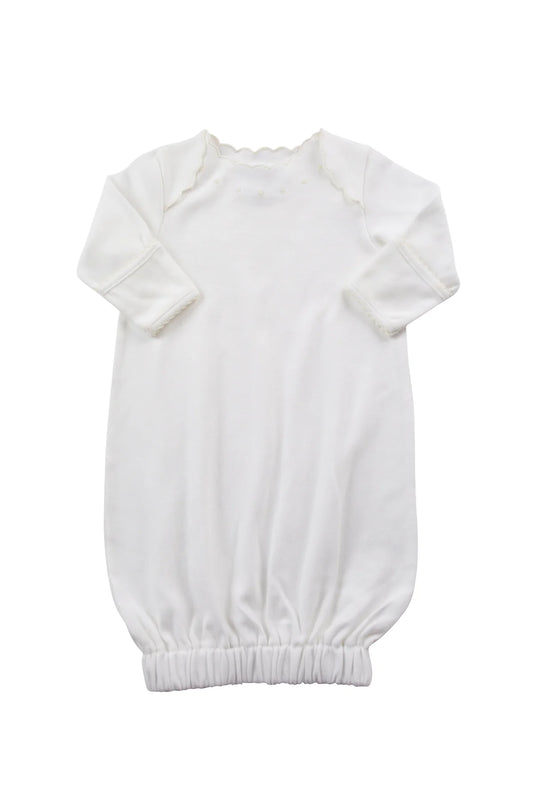 Ecru Dotson Sack Gown by The Proper Peony featuring a relaxed fit and subtle dot pattern, displayed on a hanger.