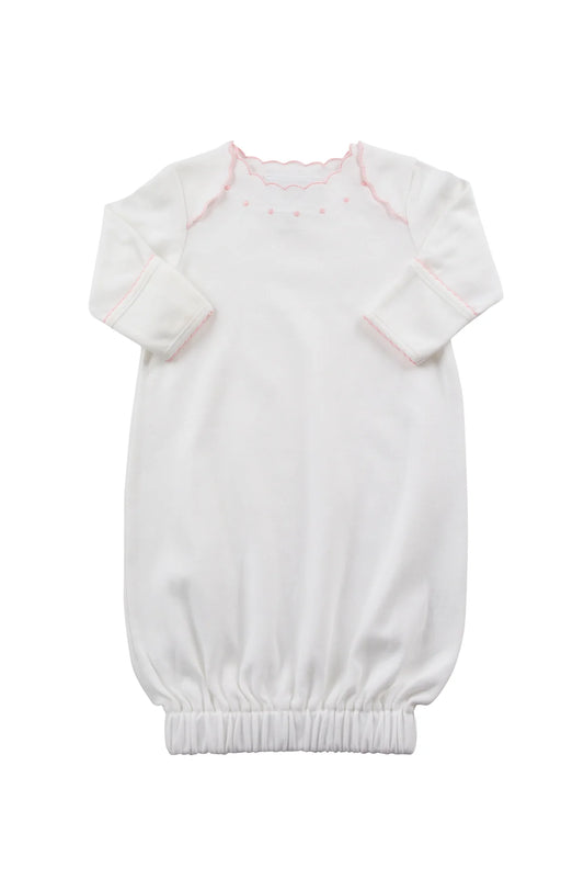 Pink Dotson Sack Gown by The Proper Peony featuring a soft pink fabric with playful dot pattern and relaxed fit style.