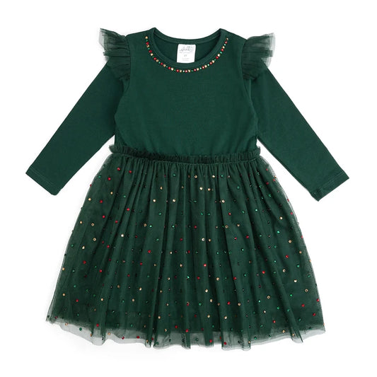 Emerald rhinestone Christmas long sleeve tutu dress for girls by Sweet Wink, featuring sparkling embellishments and a festive design.
