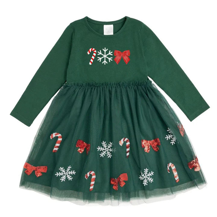 Emerald Candy Cane Sequin Christmas Long Sleeve Tutu Dress