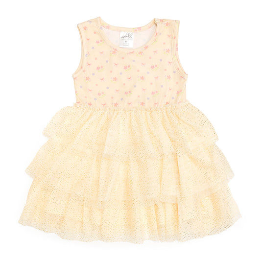 Sweet Wink lemon floral tank tutu dress for girls, with a ruffled tutu skirt and sleeveless tank top in bright yellow and floral pattern.
