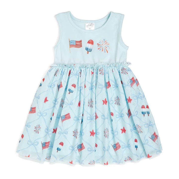 Sweet Wink patriotic trellis tank tutu dress featuring a sleeveless design, colorful trellis pattern, and a playful tutu skirt.