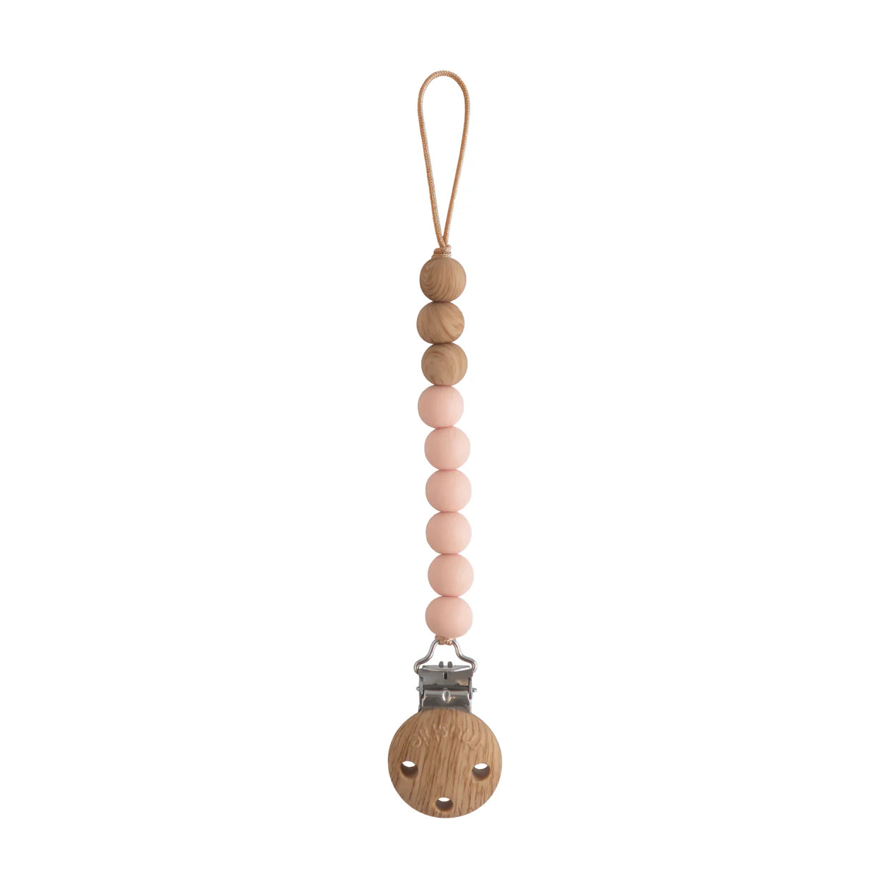 Mushie Eva silicone pacifier clip in blush color with adjustable strap and clip for attaching pacifiers to clothing.