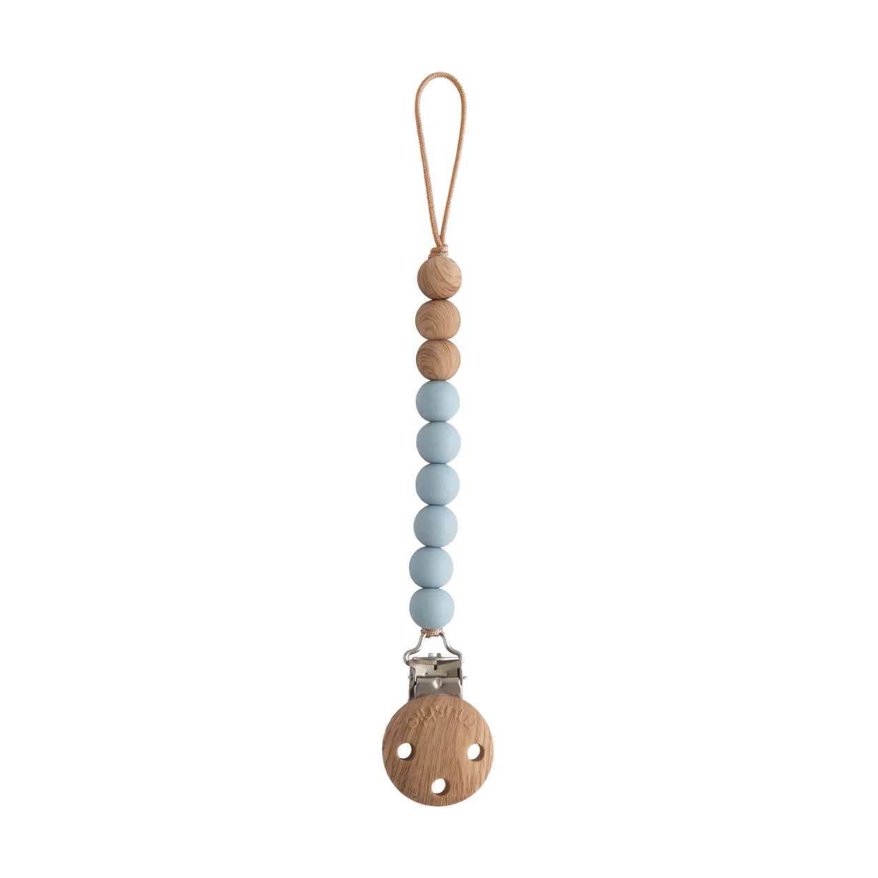 Silicone pacifier clip by Mushie featuring a soft cloud design in light blue and white, perfect for securing pacifiers.