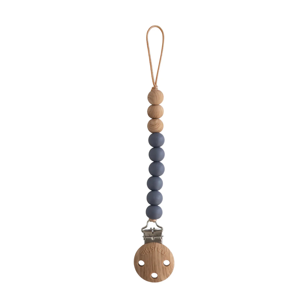 Eva silicone pacifier clip by Mushie, featuring a sleek black iron design with a soft silicone strap for baby accessories.