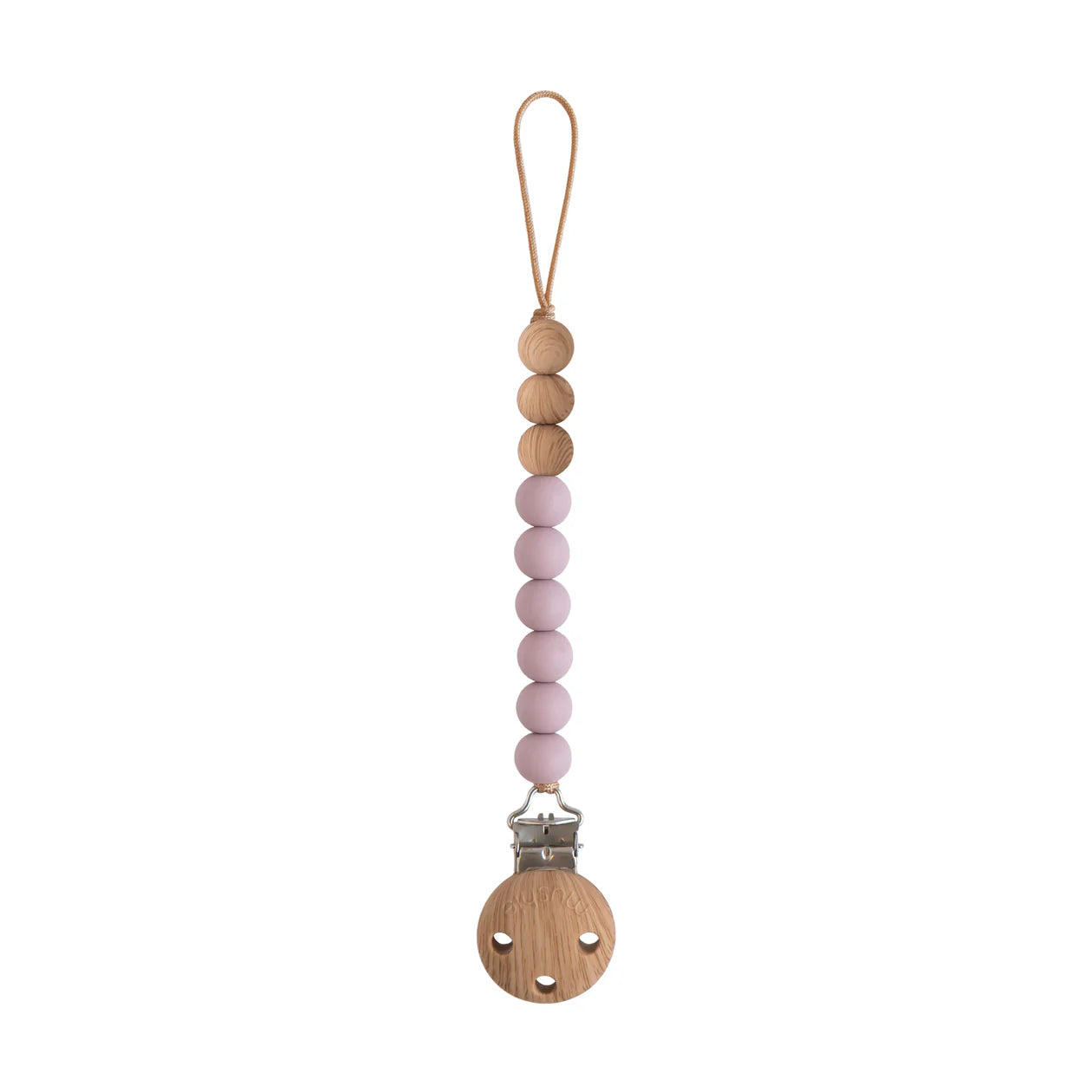 Mushie Eva silicone pacifier clip in mauve with soft, flexible design and secure clasp for baby pacifier attachment.