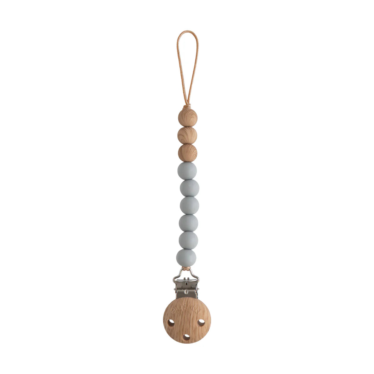 Silicone pacifier clip with Eva stone design by Mushie, featuring a soft, durable strap and a secure clip for baby pacifiers.