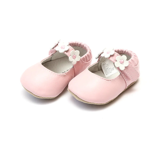 L'Amour - Pink Hope Soft Leather Flower Strap Crib Mary Jane (Infant)