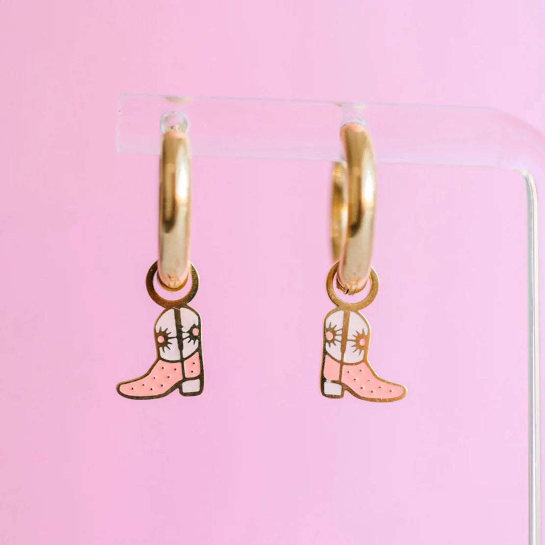 Cowgirl boot charms by Pierced Co featuring decorative Western-style metal embellishments on a white background
