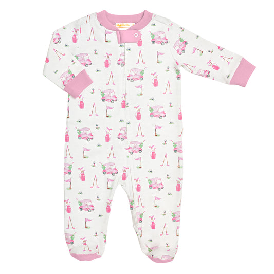 Baby Club Chic - Pink Golf Printed Zip Footie
