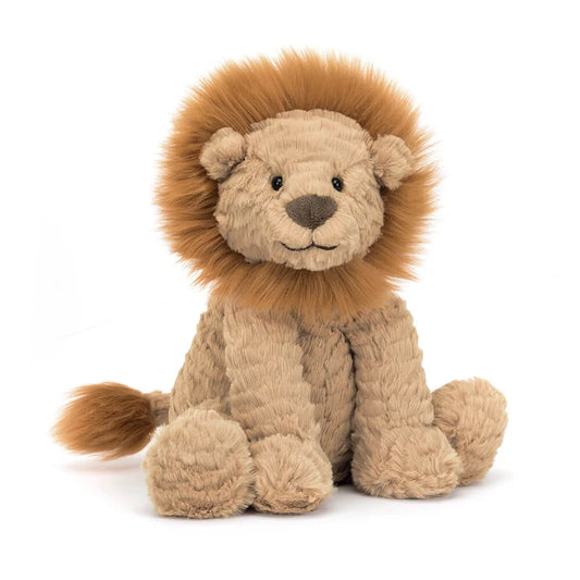 Soft Jellycat Fuddlewuddle Lion plush toy with a fluffy mane and gentle expression, perfect for cuddling and kids' comfort.