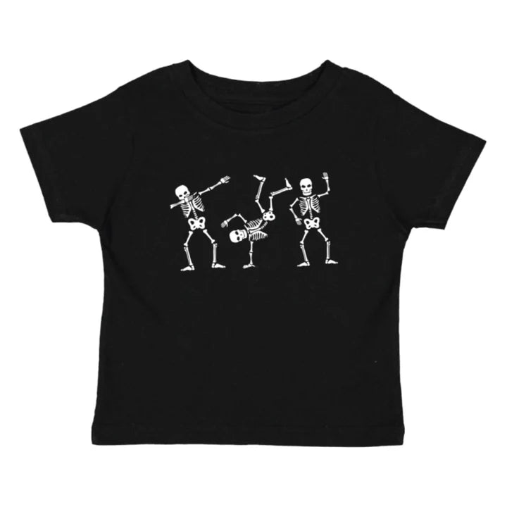 Glow in the dark Silly Skelly Halloween short sleeve T-shirt by Sweet Wink featuring a spooky skeleton design on a black background.