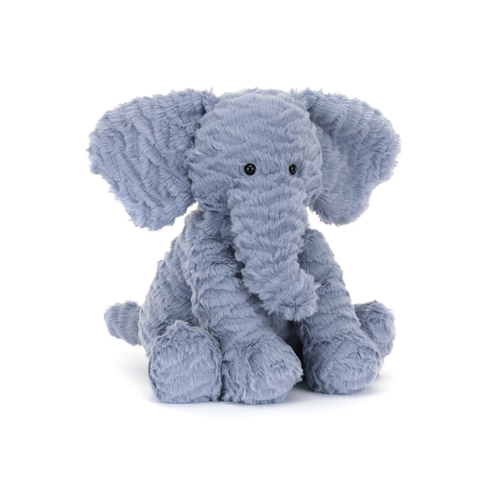 Medium Jellycat Fuddlewuddle Elephant plush toy with soft gray fur and adorable, cuddly features.