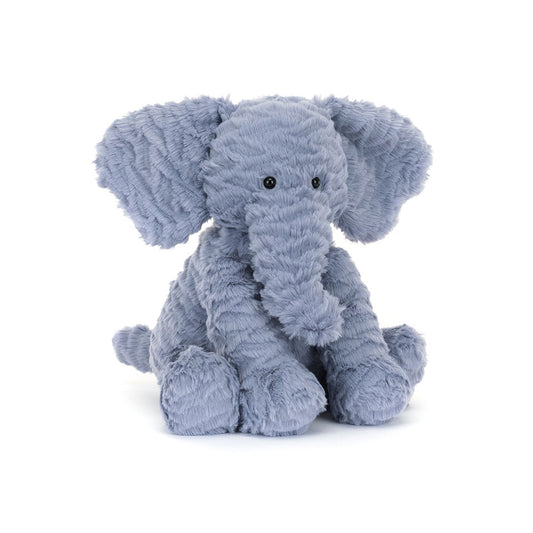 Medium Jellycat Fuddlewuddle Elephant plush toy with soft gray fur and adorable, cuddly features.