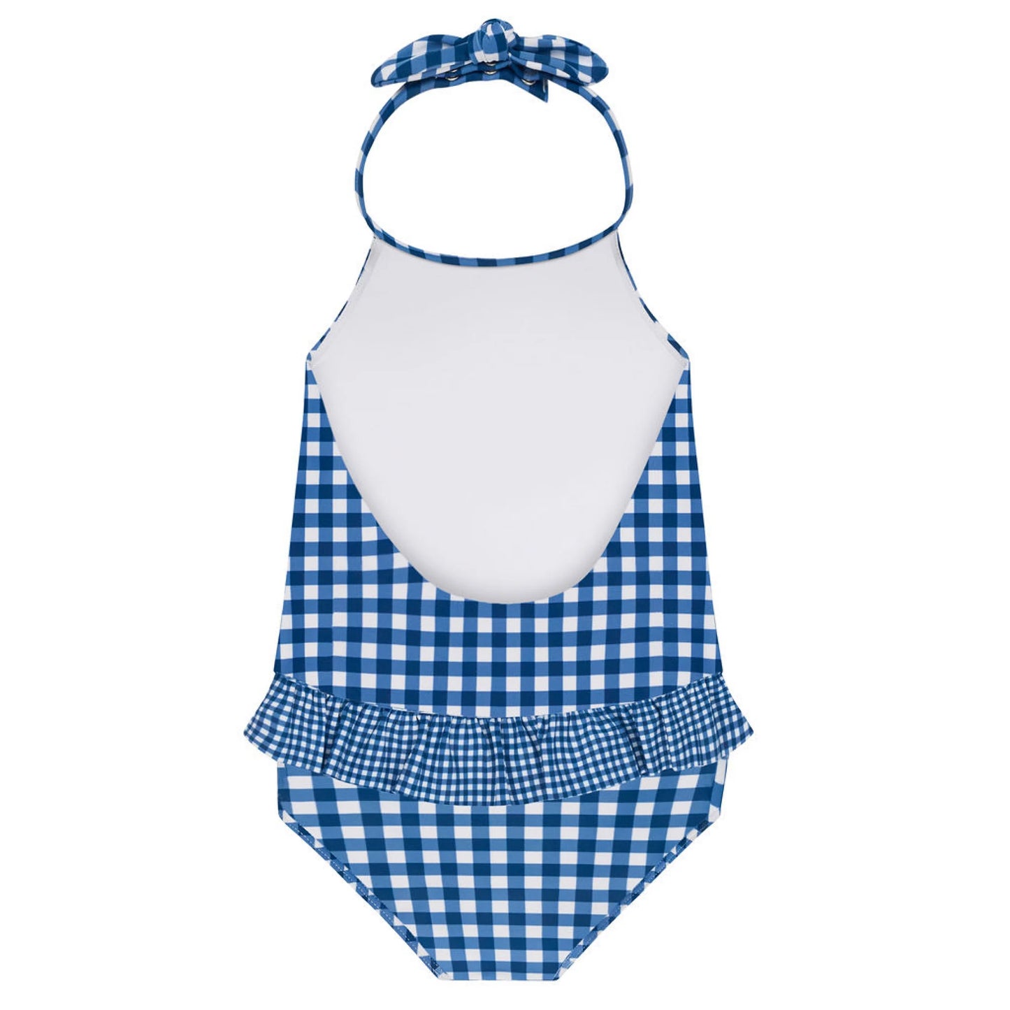 Girls navy gingham ruffle halter one-piece swimsuit by Minnow, featuring ruffle details and halter neckline.