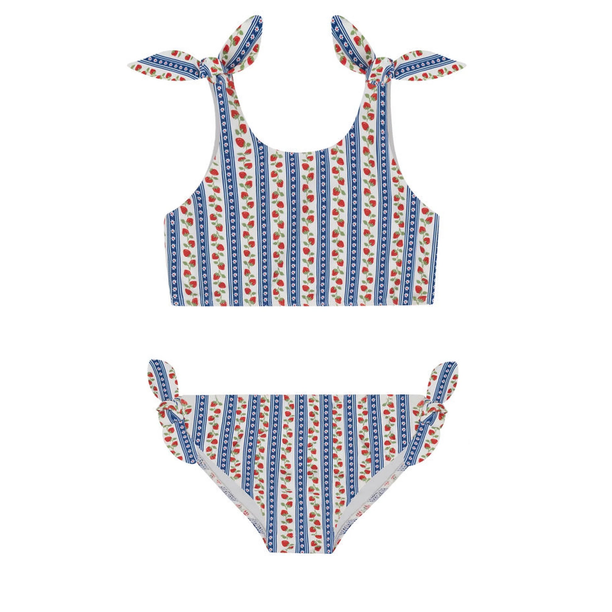 Girls strawberry fields tie knot bikini by Minnow featuring a colorful strawberry print and adjustable tie knot top.