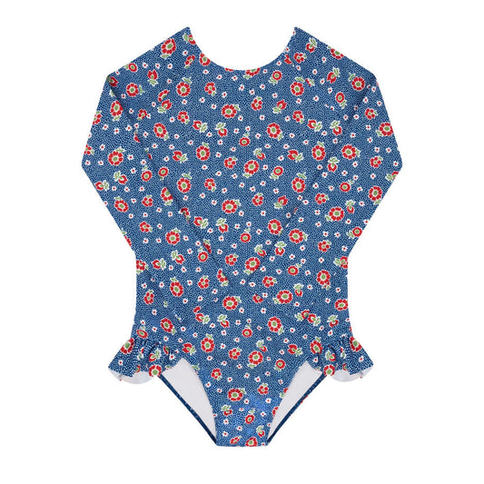 Girls navy floral rashguard one-piece by Minnow, featuring a stylish floral pattern and long sleeves for sun protection.