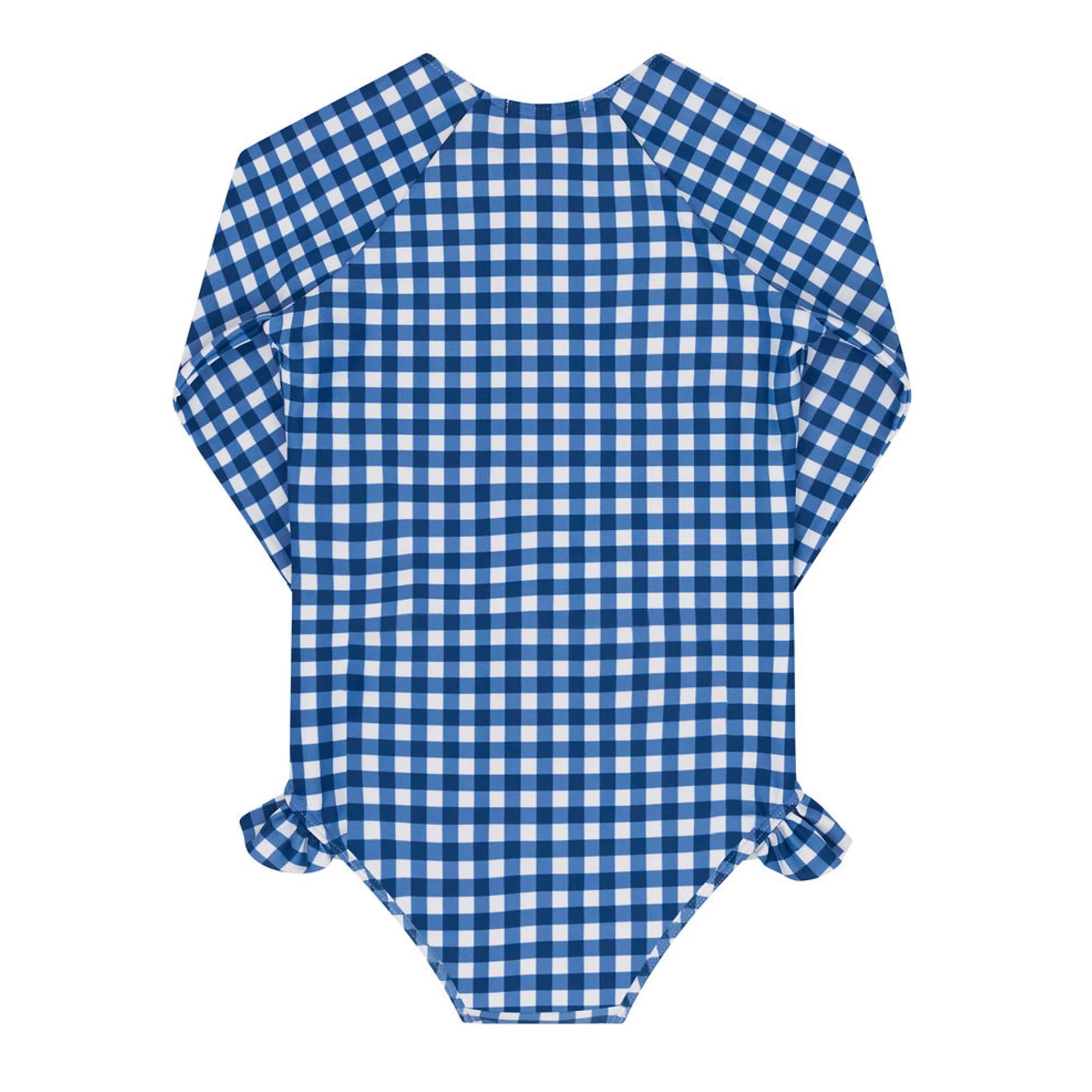 Girls' navy gingham rashguard one-piece by Minnow, featuring a front zipper and long sleeves for sun protection and comfort.