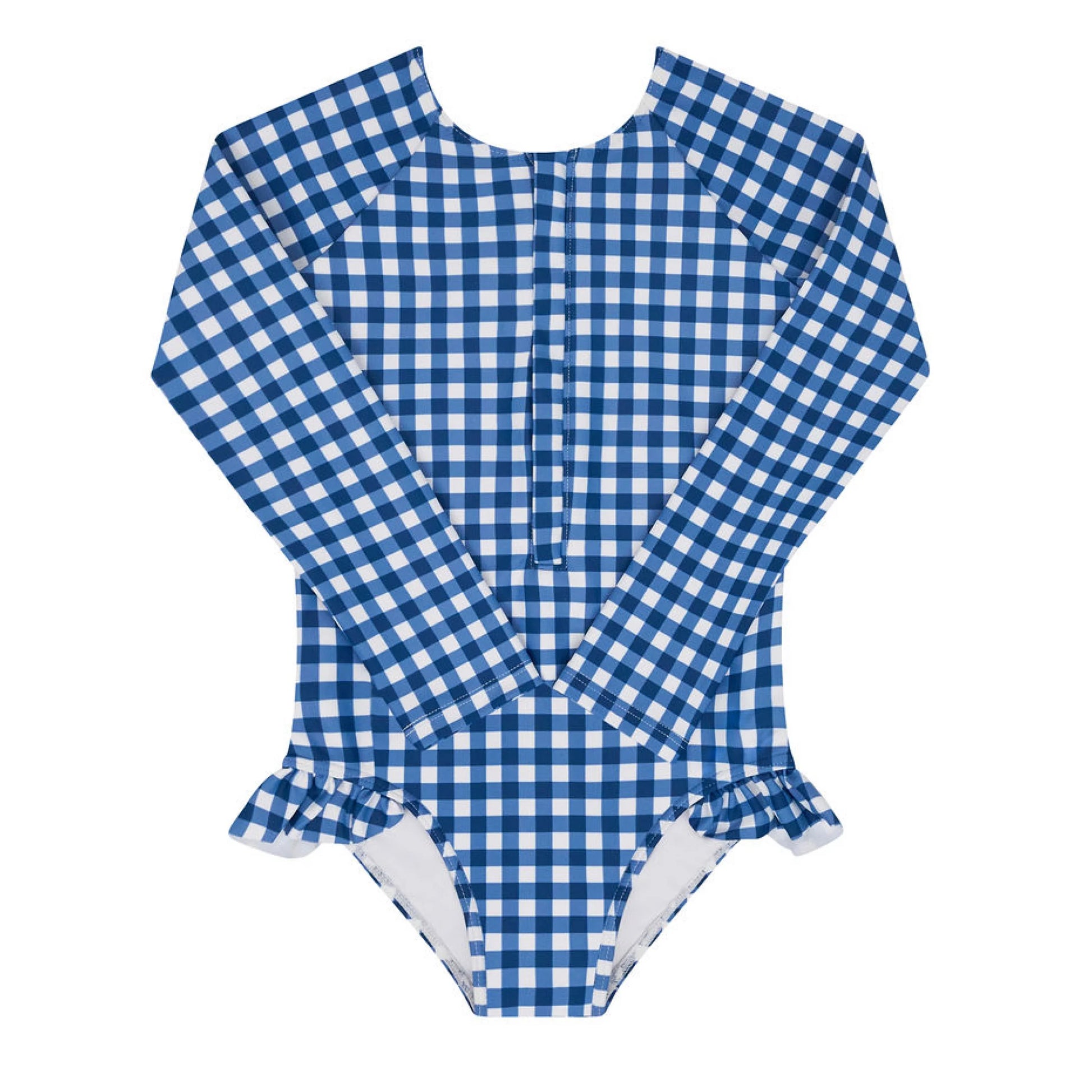 Girls' navy gingham rashguard one-piece by Minnow featuring front zipper and long sleeves, designed for swimming and water activities.