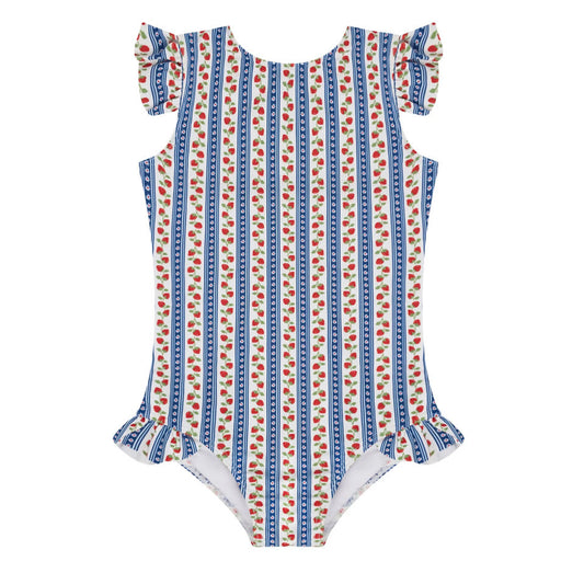 Girls' strawberry fields ruffle cap sleeve one-piece swimsuit by Minnow, featuring pink strawberry print and cute ruffle details.