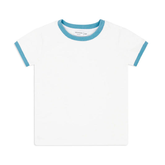 Unisex white French terry ringer tee by Minnow, featuring contrasting collar and sleeve bands, casual and comfortable fit.