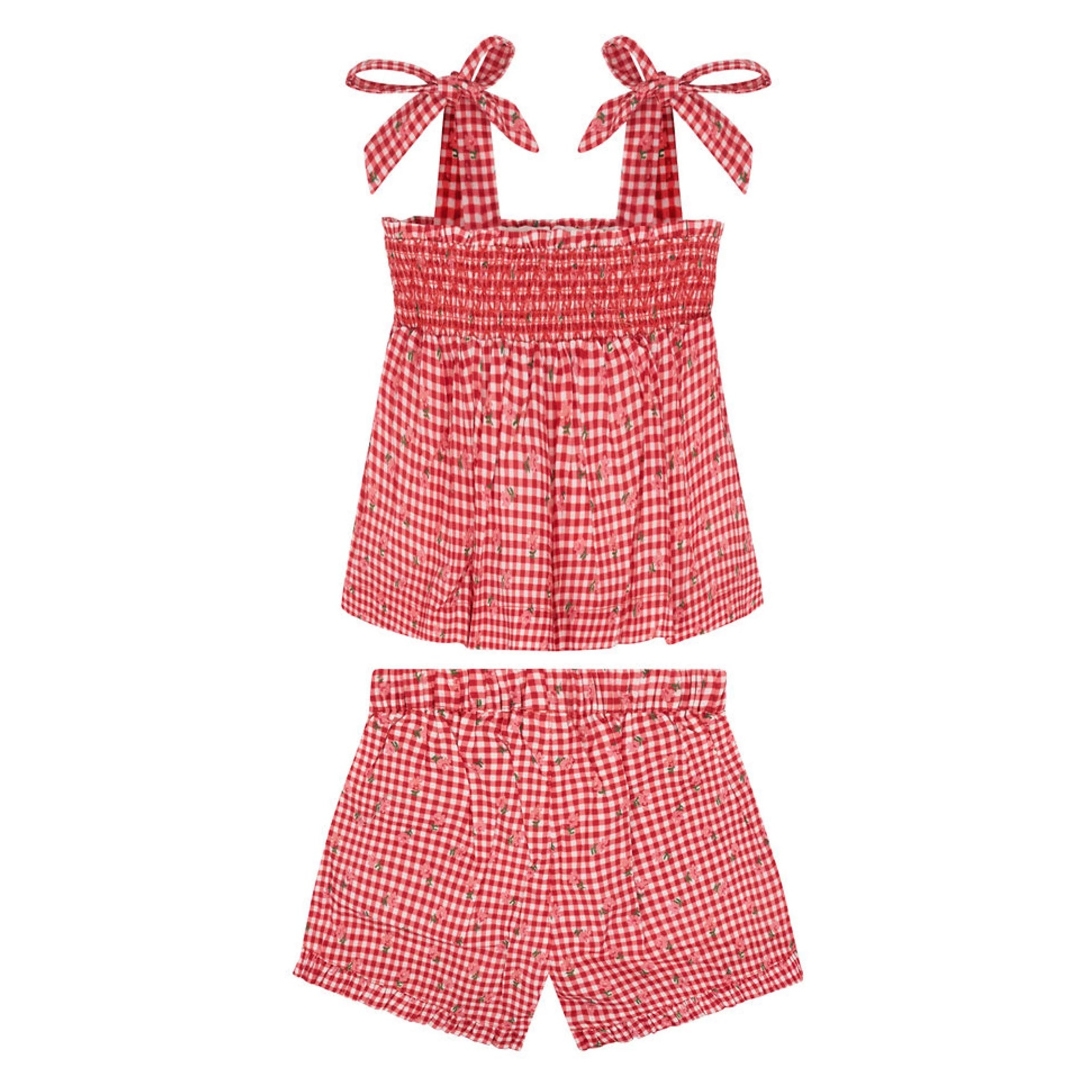 Girls' smocked top and shorts set by Minnow, featuring a cute, lightweight design with playful patterns and comfortable fit.