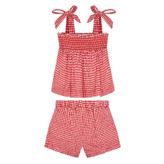 Girls' smocked top and shorts set by Minnow, featuring a cute, lightweight design with playful patterns and comfortable fit.