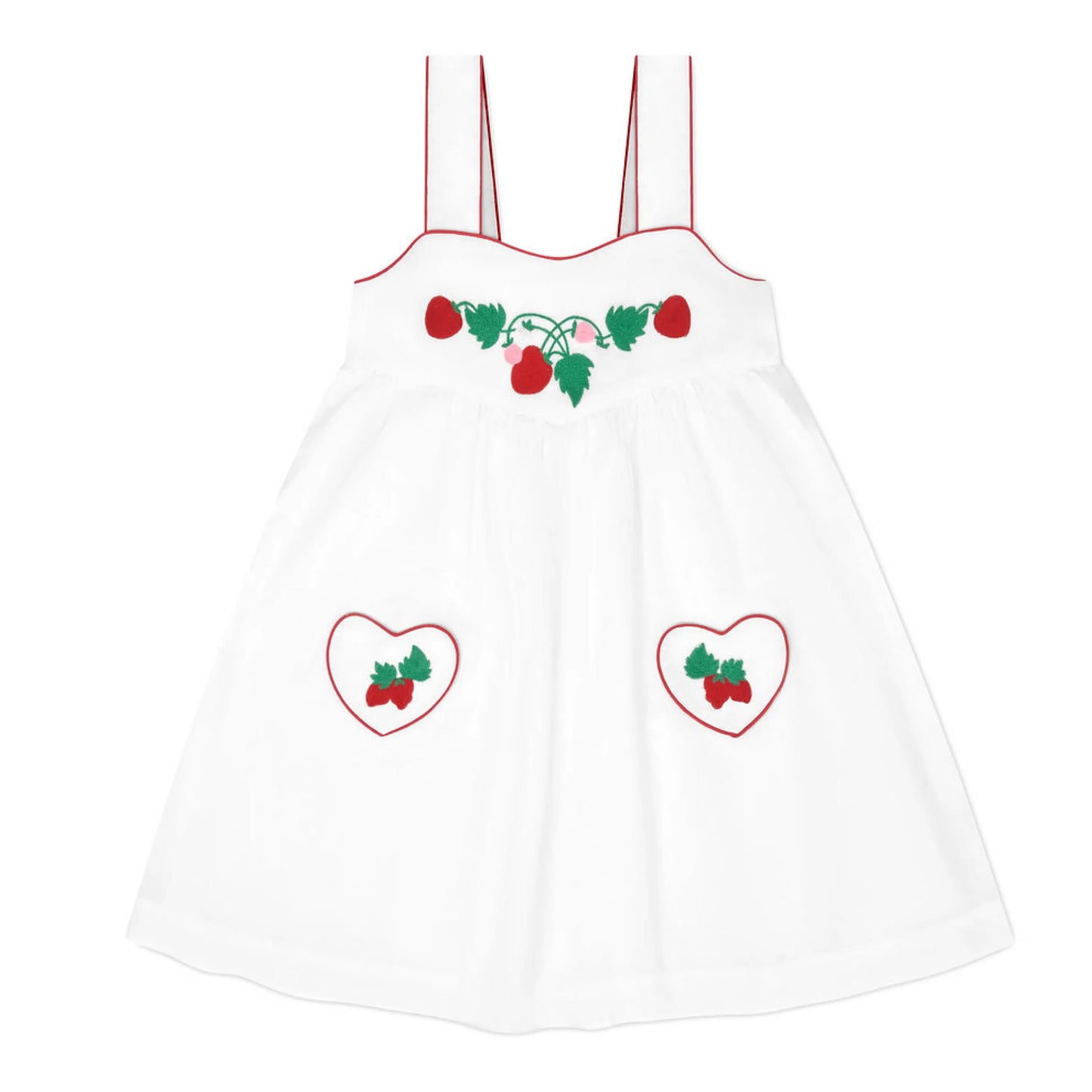 Girls' heart pocket dress by Minnow featuring a cute pink fabric with heart-shaped pockets and a sleeveless design.