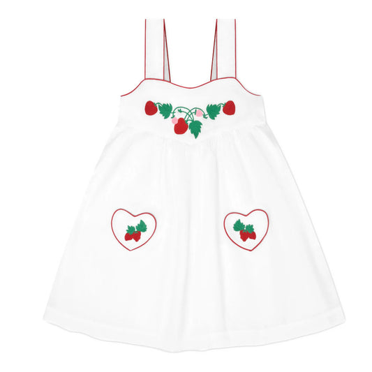 Girls' heart pocket dress by Minnow featuring a cute pink fabric with heart-shaped pockets and a sleeveless design.