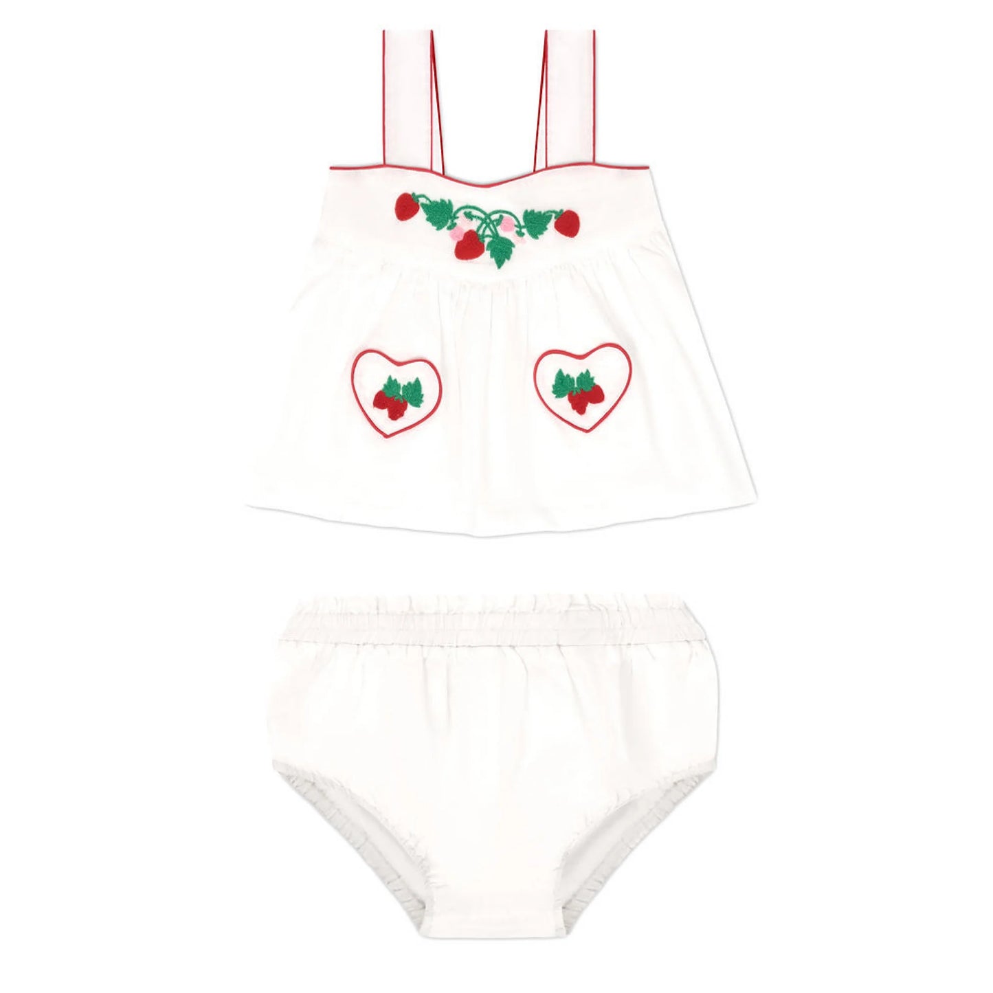 Baby girl tank top and bloomer set with heart pocket by Minnow, soft cotton fabric, pink color, perfect for warm weather.