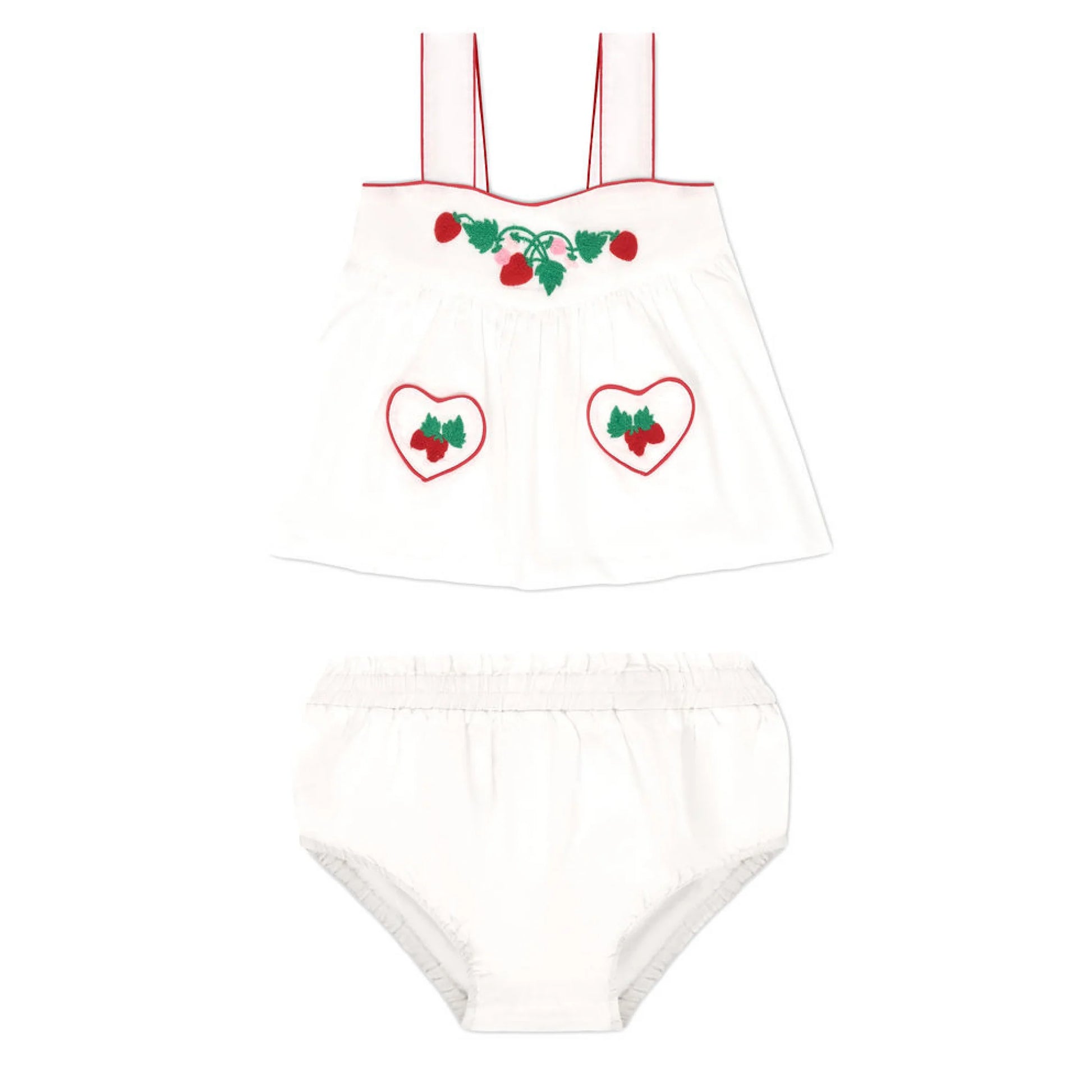 Baby girl tank top and bloomer set with heart pocket by Minnow, soft cotton fabric, pink color, perfect for warm weather.