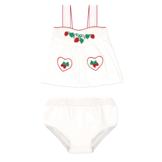 Baby girl tank top and bloomer set with heart pocket by Minnow, soft cotton fabric, pink color, perfect for warm weather.