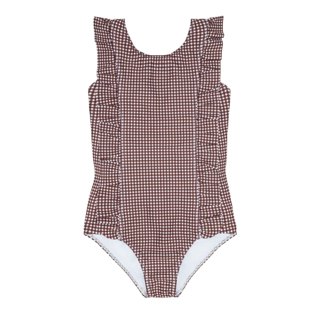 girls brown micro gingham ruffle one piece
