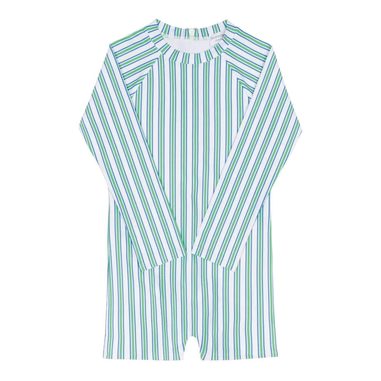 Unisex Tamarin Stripe Rashguard One Piece by Minnow, featuring colorful striped design and UV protection for swimming.