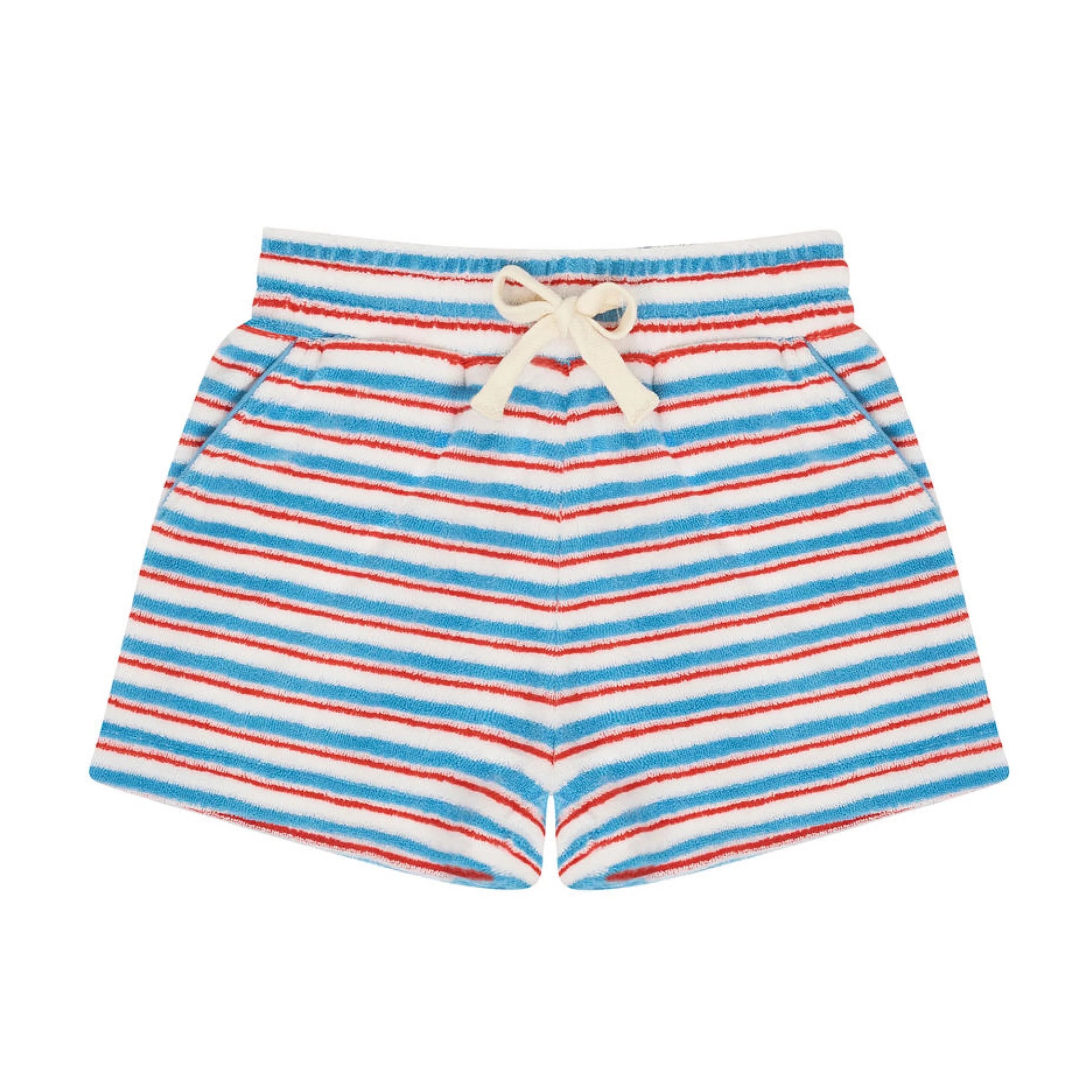 Minnow boys stripe French terry shorts with colorful horizontal stripes and an elastic waistband, ideal for casual wear.