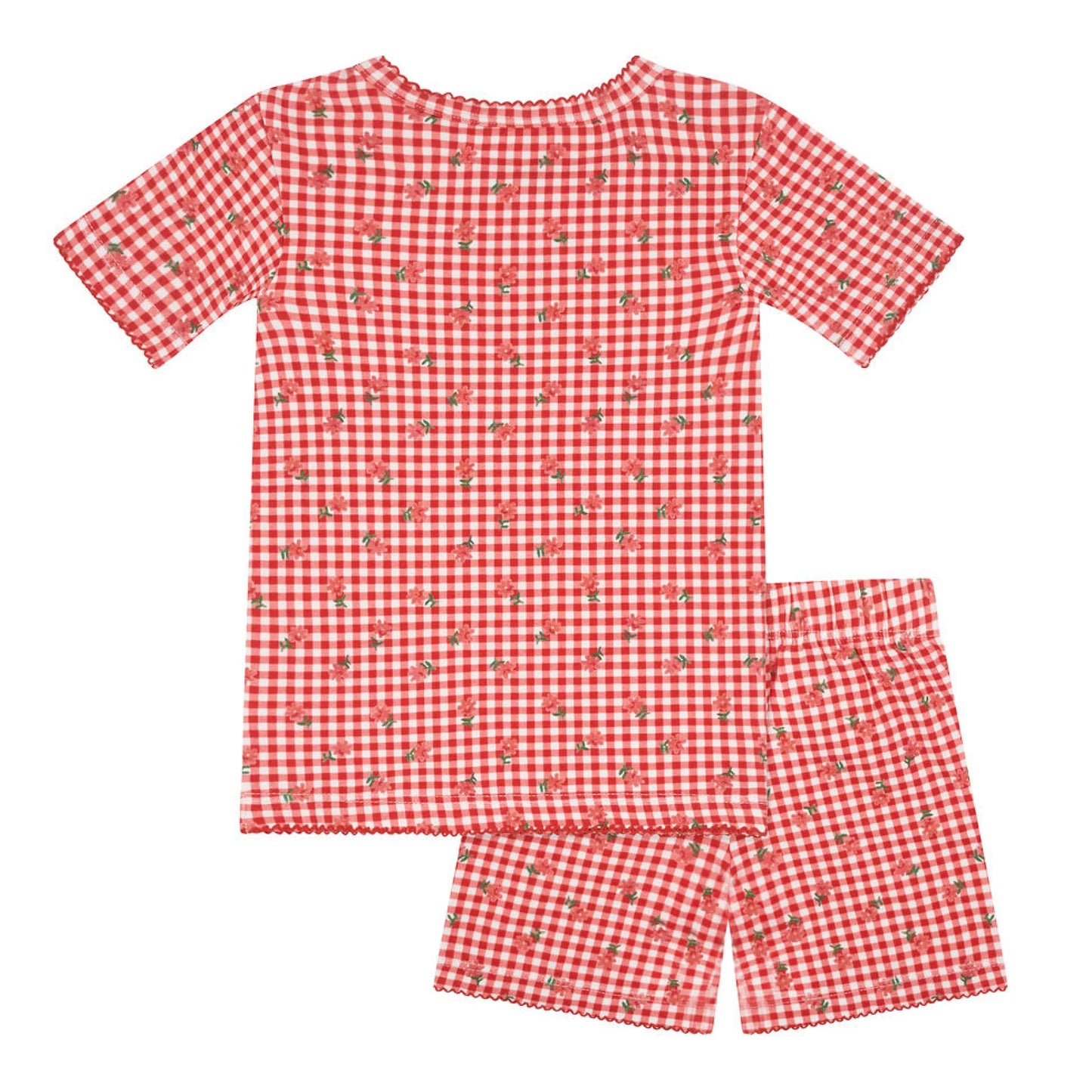 Minnow girls' floral gingham shirt and short Pima pajama set, featuring colorful blossom print and comfortable cotton fabric.