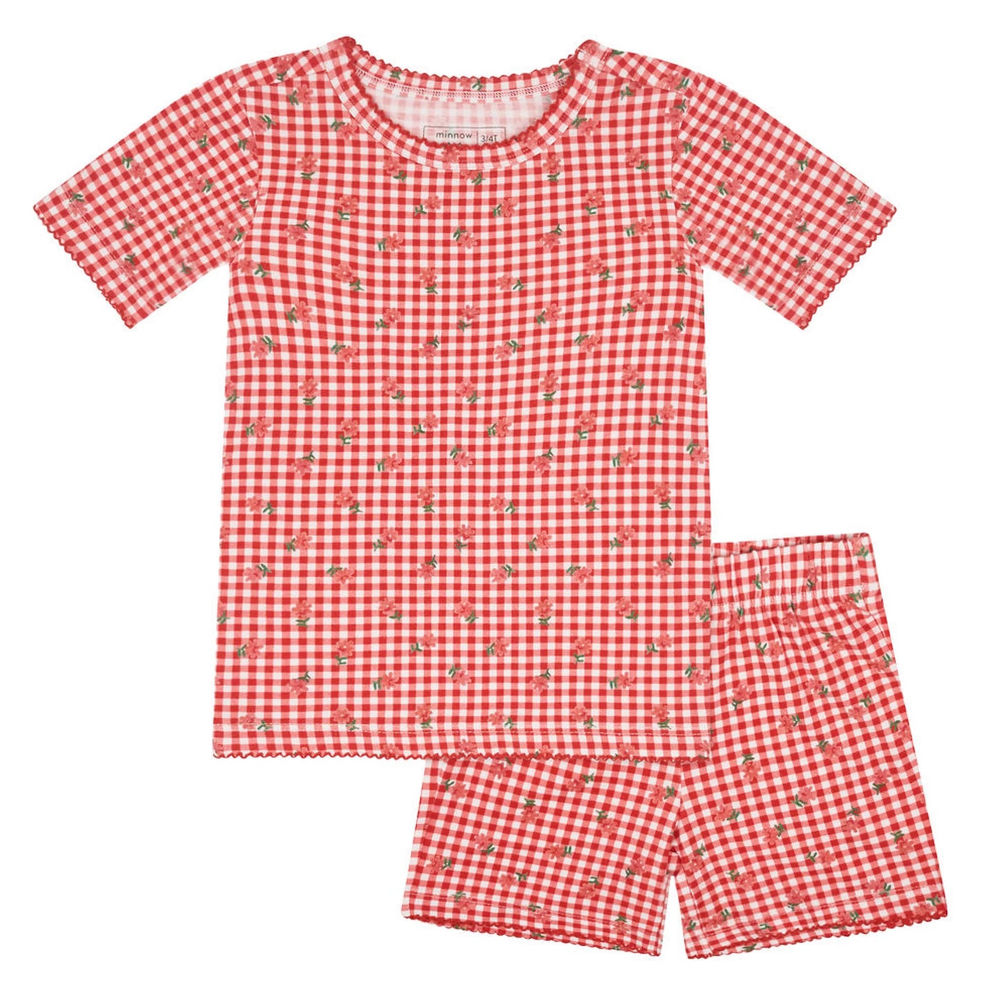 Minnow girls floral gingham shirt and short Pima cotton pajama set, featuring colorful floral print and comfortable design.