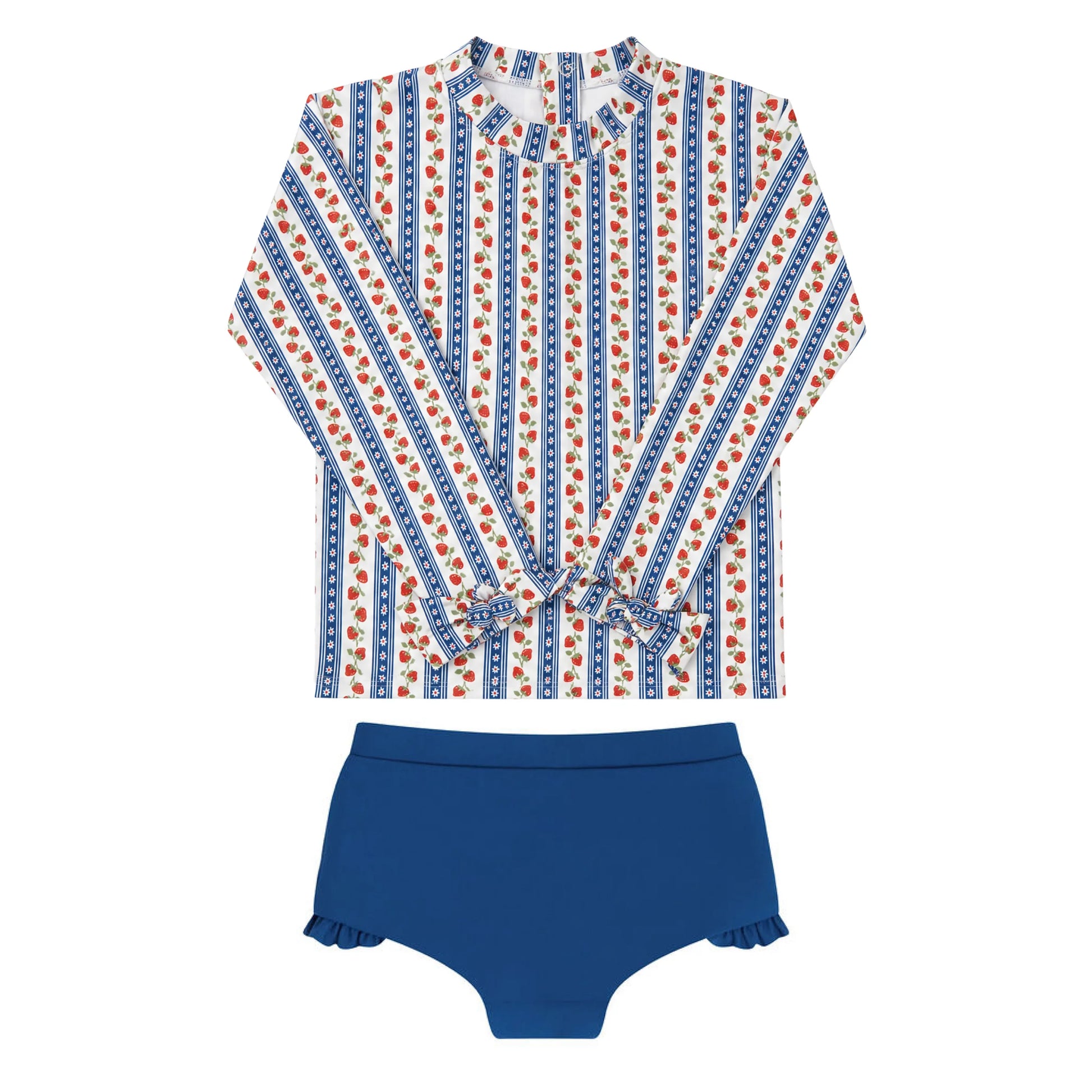 Girls' strawberry fields tie knot sleeve rashguard set by Minnow featuring a colorful strawberry pattern and comfortable fabric.